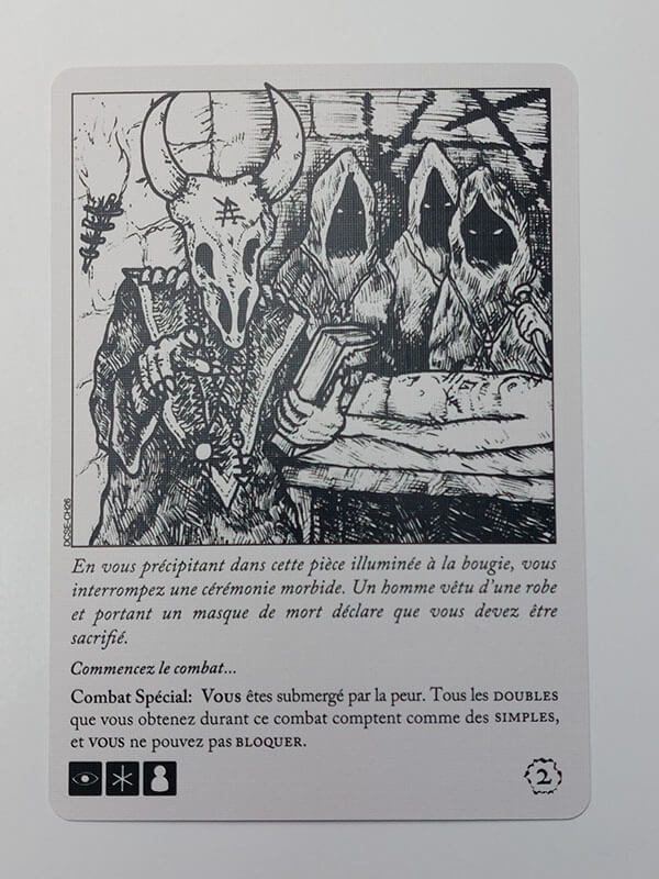 Une carte de chapitre montrant un monstre et un texte complet à lire pour les joueurs